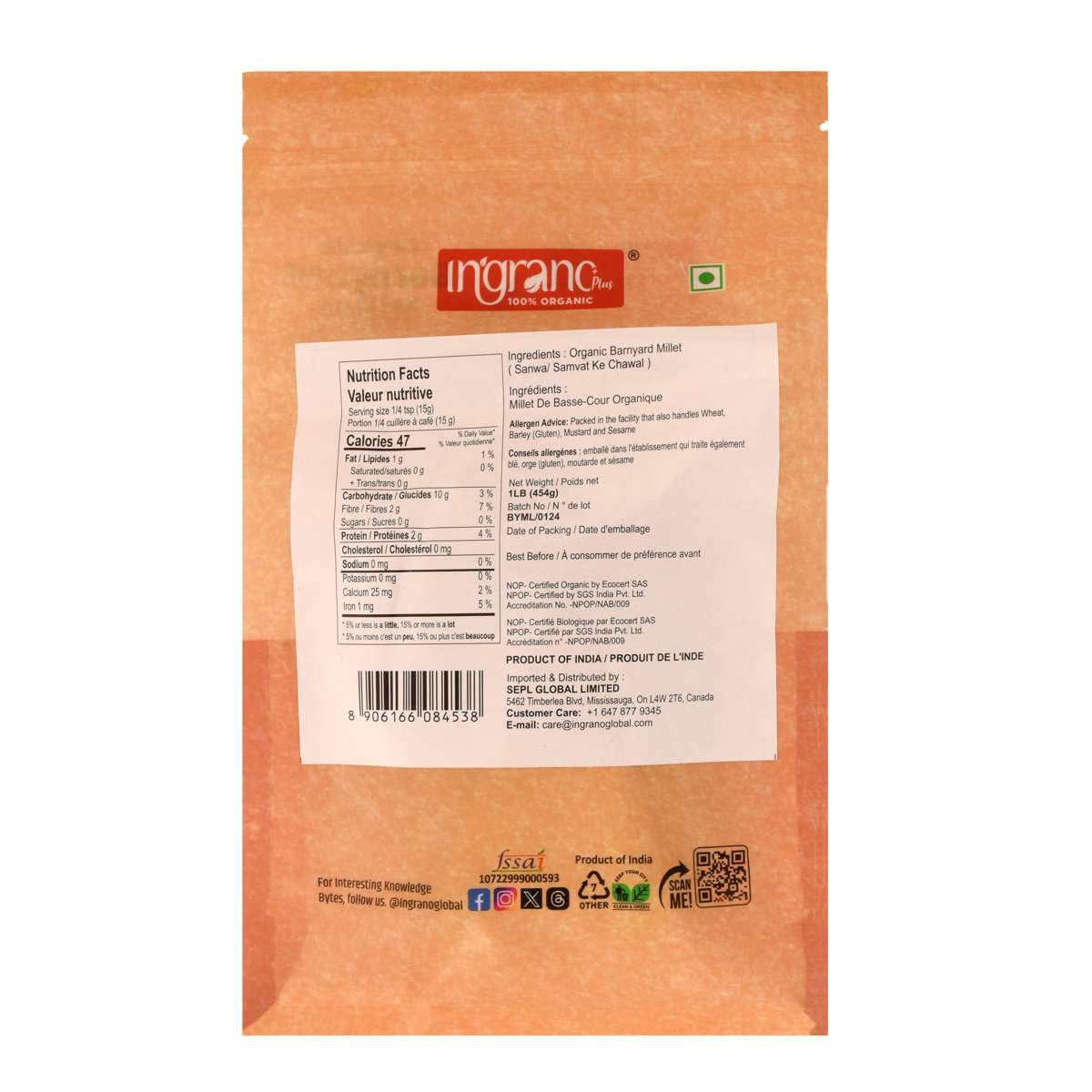 Organic Barnyard Millets(Sanwal/samvat ke Chawal)